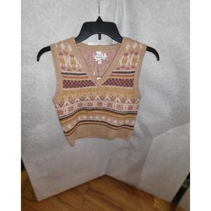 NWT Y2K Vibes Brown Mixed Print V-Neck Knit Sweater Vest Womans Size M